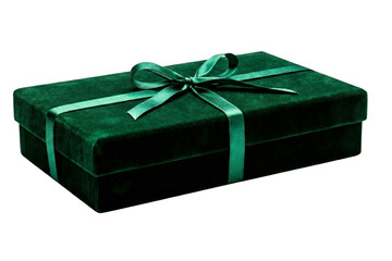 Elegant emerald green velvet gift box with a matching ribbon and bow on a white background