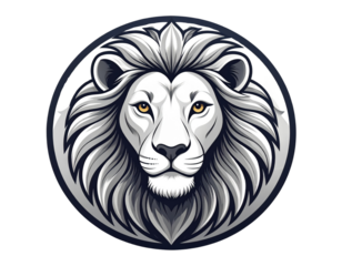  A minimalist lion head emblem with simplified facial features, smooth continuous mane curves forming a clean circular shape, modern logo aesthetic, balanced negative space, flat .