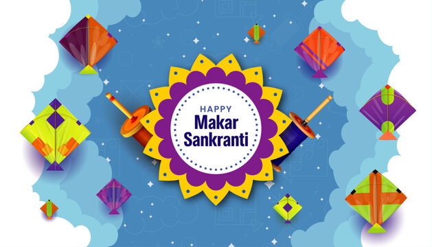 Indian festival Happy Makar Sankranti poster design with people flying colorful kites on cloudy sky. Creative vector illustration design, Creative vector illustration of Happy Makar Sankranti kite
