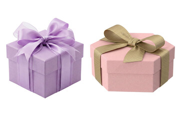 Two beautifully wrapped gift boxes, one lavender square and one pink hexagonal, ready for celebration