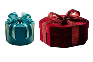 Elegant teal cylindrical gift box and rich red velvet hexagonal present with festive ribbons