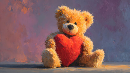 Adorable brown teddy bear holding a large red heart; Valentine's Day, romantic, love, affection.