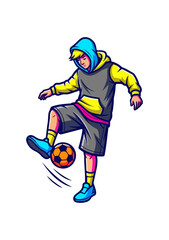 Young man in hoodie juggling soccer ball with foot.