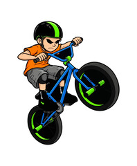 Obraz premium Young boy performing a wheelie on a BMX bike with determination and focus.