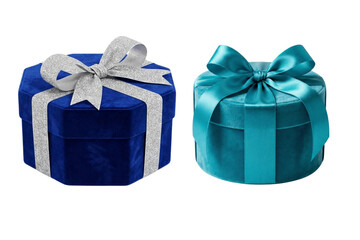 Elegant blue hexagonal and teal round velvet gift boxes with decorative bows