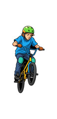 Obraz premium Young boy performing an exciting wheelie on a BMX bike.