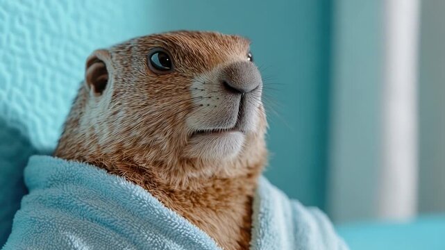 Video Footage  groundhog wrapped in a blue towel, ready for whatever comes next