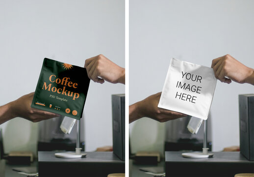 Two Hands Holding Coffee Bag Mockup