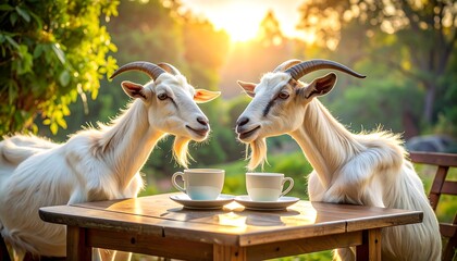 Two Goats Enjoying Coffee at a Table.