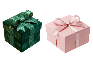 Elegant green velvet and soft pink gift boxes tied with sparkling and satin bows for special occasions