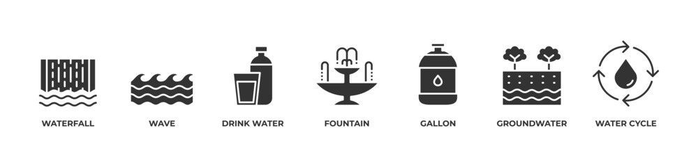 Fototapeta premium Journey of Water Icons set vector illustration glyph with Waterfall, Wave, Drink water, Fountain, Gallon, Groundwater, Water cycle