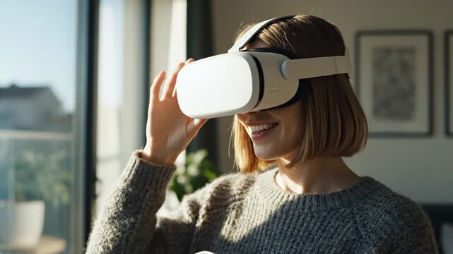 Woman experiencing virtual reality with VR headset and controllers indoors.
