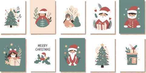 This cute Christmas card illustration set features a collection of festive holiday designs with Santa Claus, Christmas trees, winter characters, and gift elements in a soft pastel color palette.