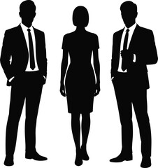 Three silhouetted business professionals in formal attire standing confidently, symbolizing corporate teamwork, leadership, and office culture