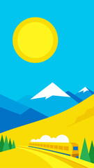 Bright yellow train travels through scenic mountain landscape under sunny sky