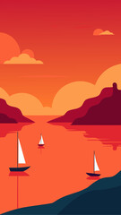 Sailboats on a vibrant orange ocean at sunset with stylized clouds