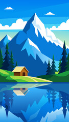 Serene mountain lake reflection with cabin and pine trees
