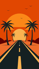 Tropical sunset road with palm trees and birds flying