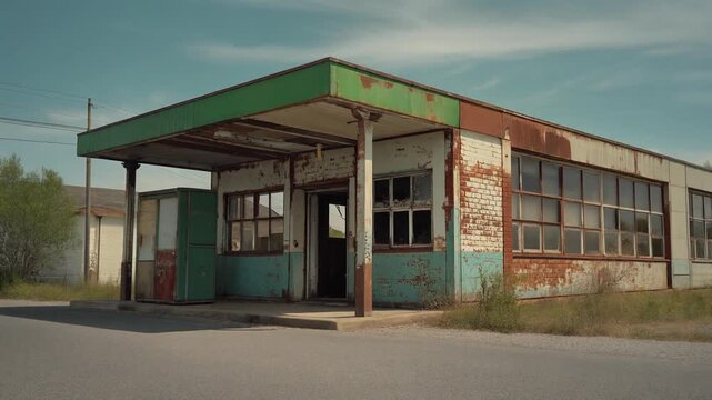 Abandoned and desolate gas station, with peeling paint and rust, stands as a weathered relic in a rural landscape, symbolizing a bygone era