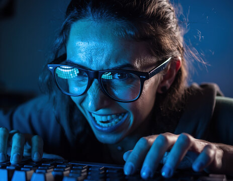 Intense Sweaty Nerd Gamer or Hacker Typing Furiously on Keyboard in Dark Blue Room