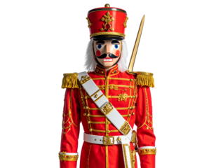 A red-coated, wooden toy soldier with a white wig and sword, a festive holiday icon