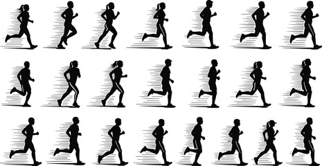 Running silhouettes, athletic motion, speed gesture, vector clipart, black and white, fitness pose, sprint, dynamic movement, sport