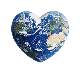 Heart-shaped world globe with detailed clouds over the Atlantic, asset for Earth Day communication and conservation drives with space for nonprofit headlines, donations and unity statements
