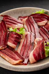 Duck breast slice magret smoked meat poultry meat food tasty snack fresh delicious gourmet food background on the table rustic food top view copy space