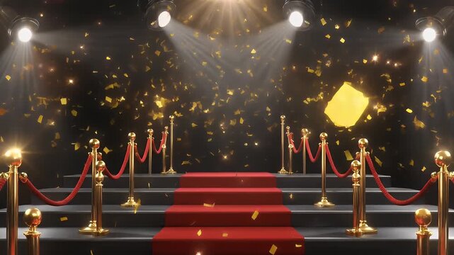 Red carpet stairs and stage illuminated by bright spotlights with sparkling golden particles, creating glamorous and festive atmosphere on dark background for event celebration