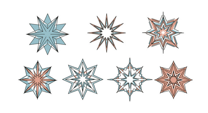 Collection of eight abstract geometric star shapes with pastel blue and pink color fills, created with artistic line art.