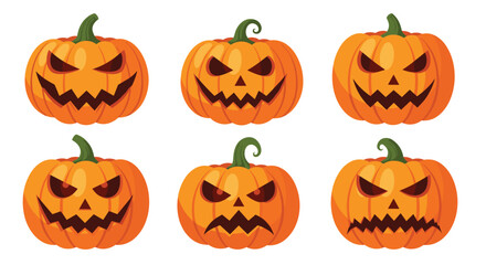 Set of six spooky Halloween jack-o'-lanterns with different evil, angry, and scary carved faces isolated on white.