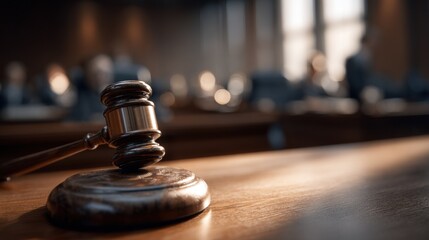 Wooden gavel on table in courtroom