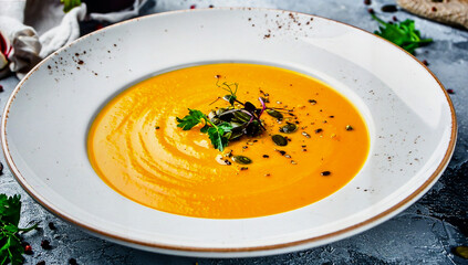 Creamy Pumpkin Soup with Seeds and Herbs for Premium Food Object and Autumn Cuisine