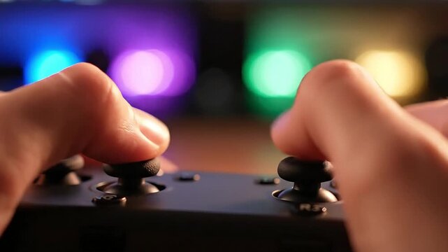 Close-up shot of a person's hands playing with a handheld gaming controller with colorful blurred lights in the background.