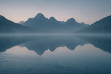 Frozen lake reflecting misty mountain peaks, calm blue winter landscape with soft fog and symmetry.