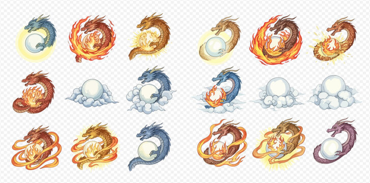 Set of fantasy dragons holding magical orbs and elemental powers, including fire, ice, and light, in various poses.