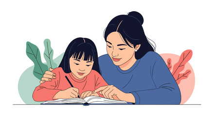 Fototapeta premium Mother and daughter learning together at a desk with plants in the background.