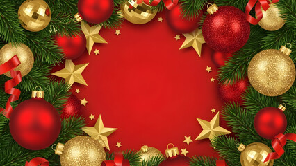 Festive Christmas tree branches and gold ornaments frame a merry holiday background