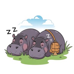 Two Hippos Sleeping in Grass.