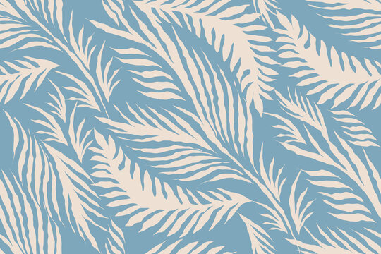 Seamless Tropical Palm Leaf Pattern in Soft Blue and Cream. organic shapes and a gentle color palette create a relaxed, coastal, and contemporary feel. Ideal for fabric prints, wallpaper, home d&eacute;cor