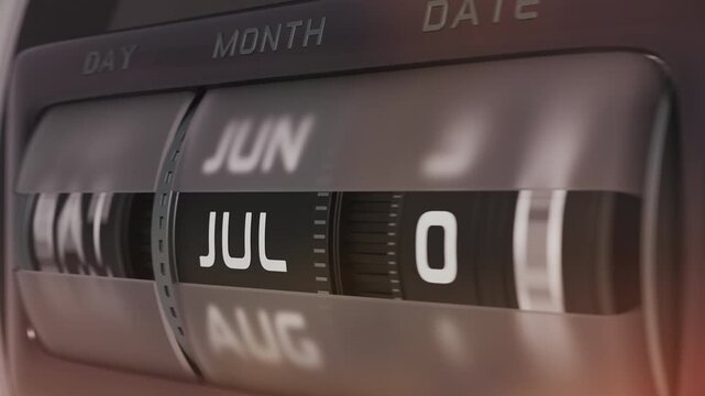 Close-up of a vintage mechanical calendar rapidly flipping through months from January to December. 4K 3D animation showing the passage of a full year.
