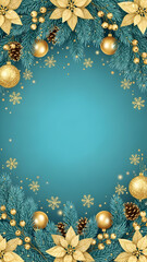 Festive Christmas tree branches and gold ornaments frame a merry holiday background