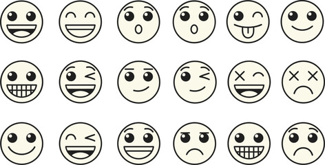 A large set of simple, black-outlined cartoon emoticons and smiley faces showing various line-art expressions like happiness, sadness, laughter, and winking against a white background.