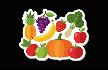 Fresh Fruits and Vegetables Sticker Set in Flat Cartoon Illustration Style. Cute Fruits and Vegetables Sticker Pack, Organic Healthy Food Illustration
