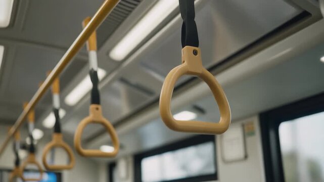 Close-up of hanging hand straps inside modern public transport, capturing daily urban commuting and mobility. Clean minimal detail ideal for transport, city life, and infrastructure concepts.