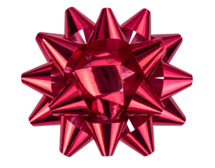 Close-up of a vibrant, spiky red gift bow with metallic sheen, isolated on black