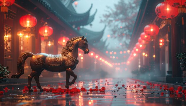 Atmospheric Chinese New Year night scene with a majestic horse statue, glowing red lanterns, and traditional architecture, symbolizing prosperity, strength, and cultural celebration.