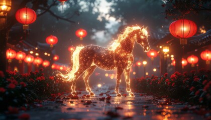 Glowing magical horse standing in a lantern-lit forest at night, perfect for fantasy art, mythical storytelling, cultural celebration scenes, cinematic visuals, and imaginative design projects.
