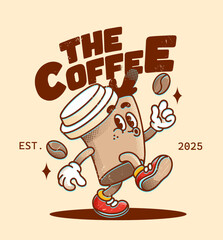 Vintage Coffee Cup Mascot Cartoon Logo with Retro Halftone Effect