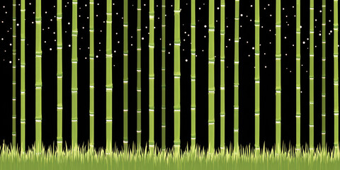 Bamboo forest with green grass and white glowing fireflies at night creating calm mood